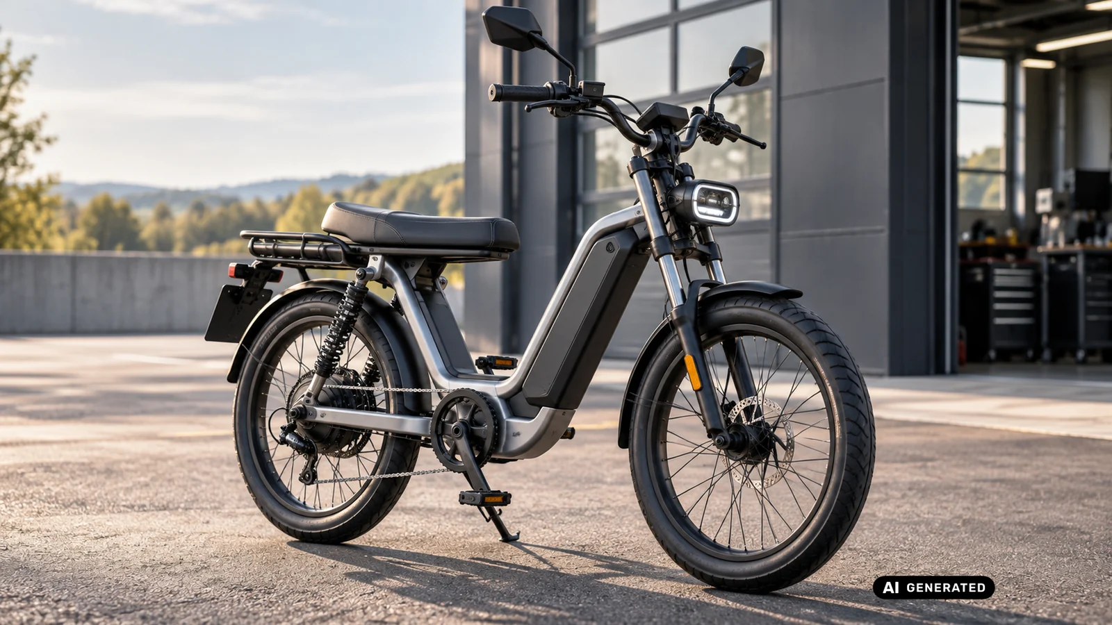 Elektro-Moped mit Pedalen vor einer Werkstatt. KI-generiertes Symbolbild · redaktionell geprüft.