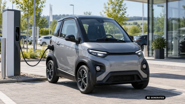 L7e-Microcar lädt an einer öffentlichen Ladesäule vor einem Bürogebäude. KI-generiertes Symbolbild · redaktionell geprüft.