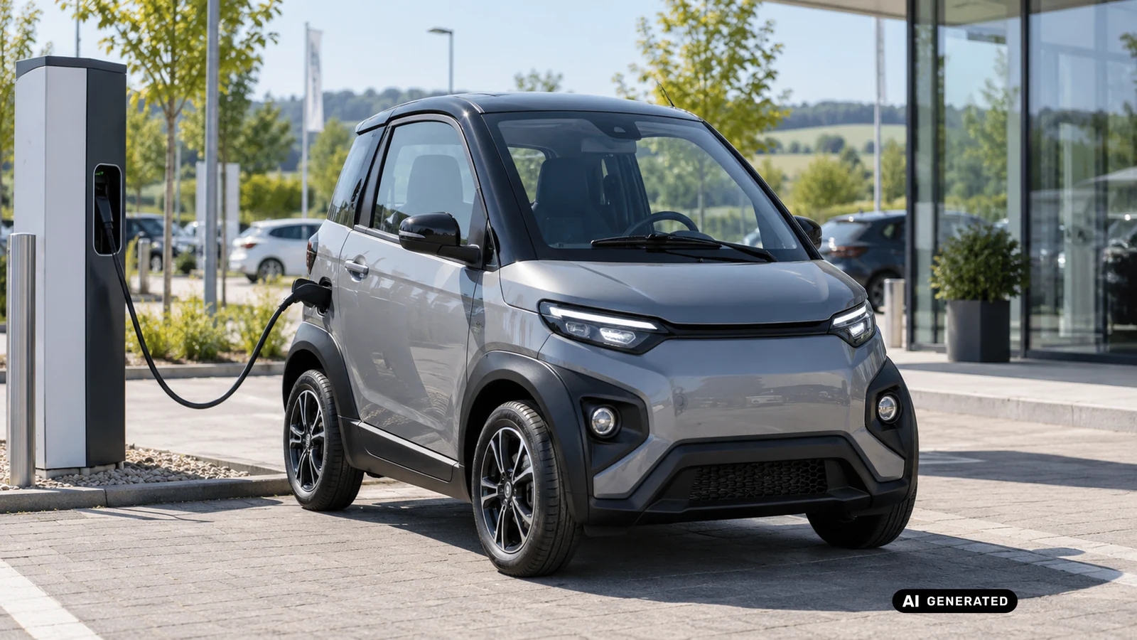 L7e-Microcar lädt an einer öffentlichen Ladesäule vor einem Bürogebäude. KI-generiertes Symbolbild · redaktionell geprüft.