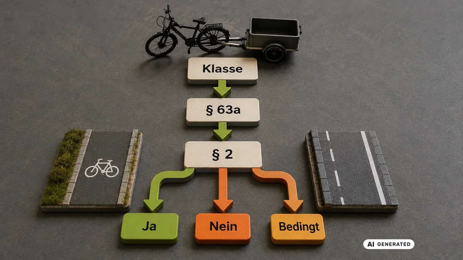 Prüfschema Radweg: Fahrzeugklasse, Paragraf 63a StVZO und Paragraf 2 StVO entscheiden. KI-generiertes Symbolbild · redaktionell geprüft.