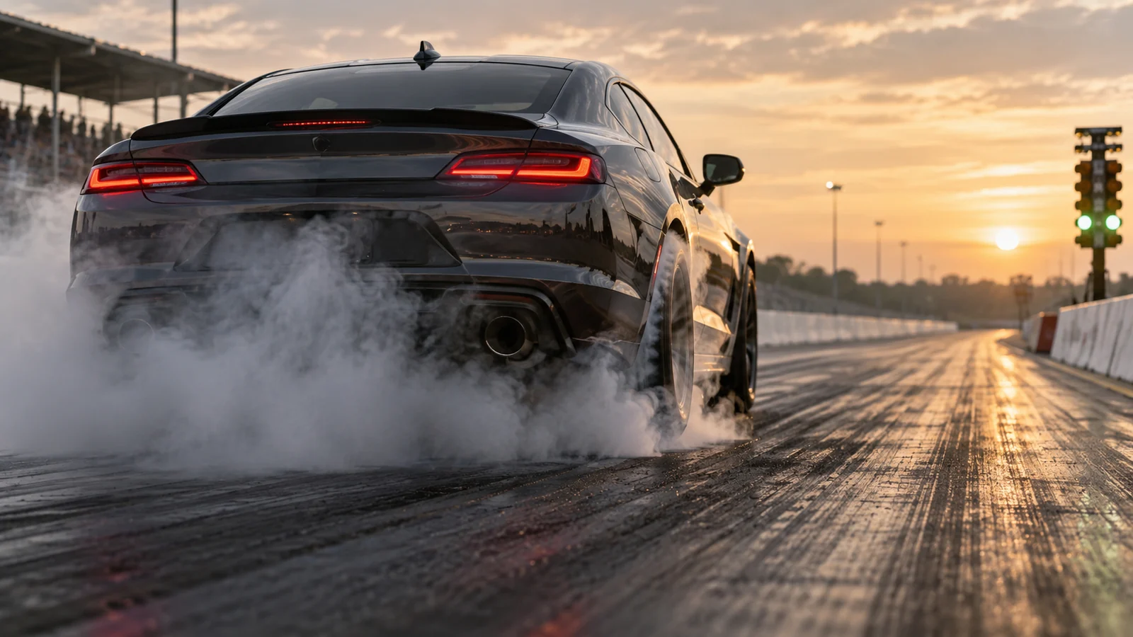 Sportlimousine beim stehenden Start auf der Beschleunigungsstrecke, Reifenrauch an der Hinterachse und Startampel. KI-generiertes Symbolbild · redaktionell geprüft.