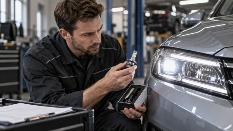 LED-Retrofit am Auto: Servicetechniker prüft ein Fahrzeug und zugehörige Bauteile in der Werkstatt. KI-generiertes Symbolbild · redaktionell geprüft.