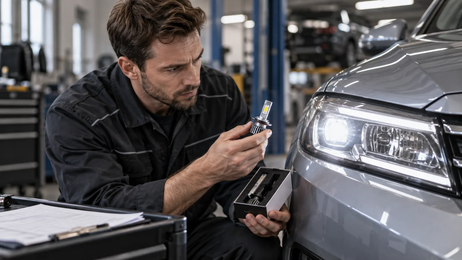 LED-Retrofit am Auto: Servicetechniker prüft ein Fahrzeug und zugehörige Bauteile in der Werkstatt. KI-generiertes Symbolbild · redaktionell geprüft.