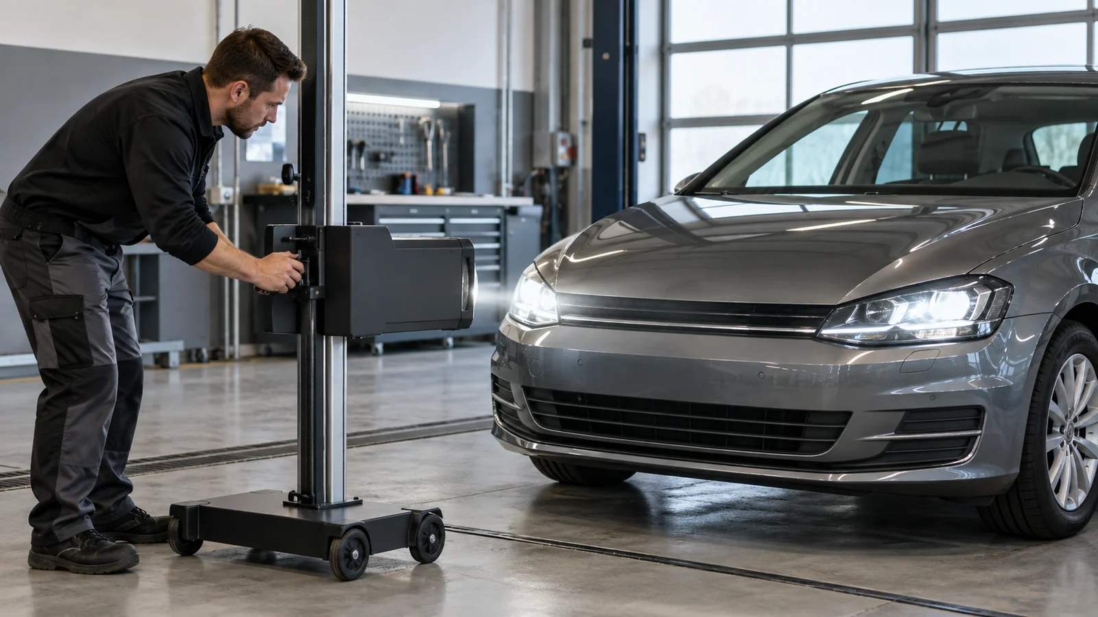 Techniker richtet ein Scheinwerfer-Einstellgerät vor einem Auto mit Licht aus. KI-generierte Szene · redaktionell geprüft.