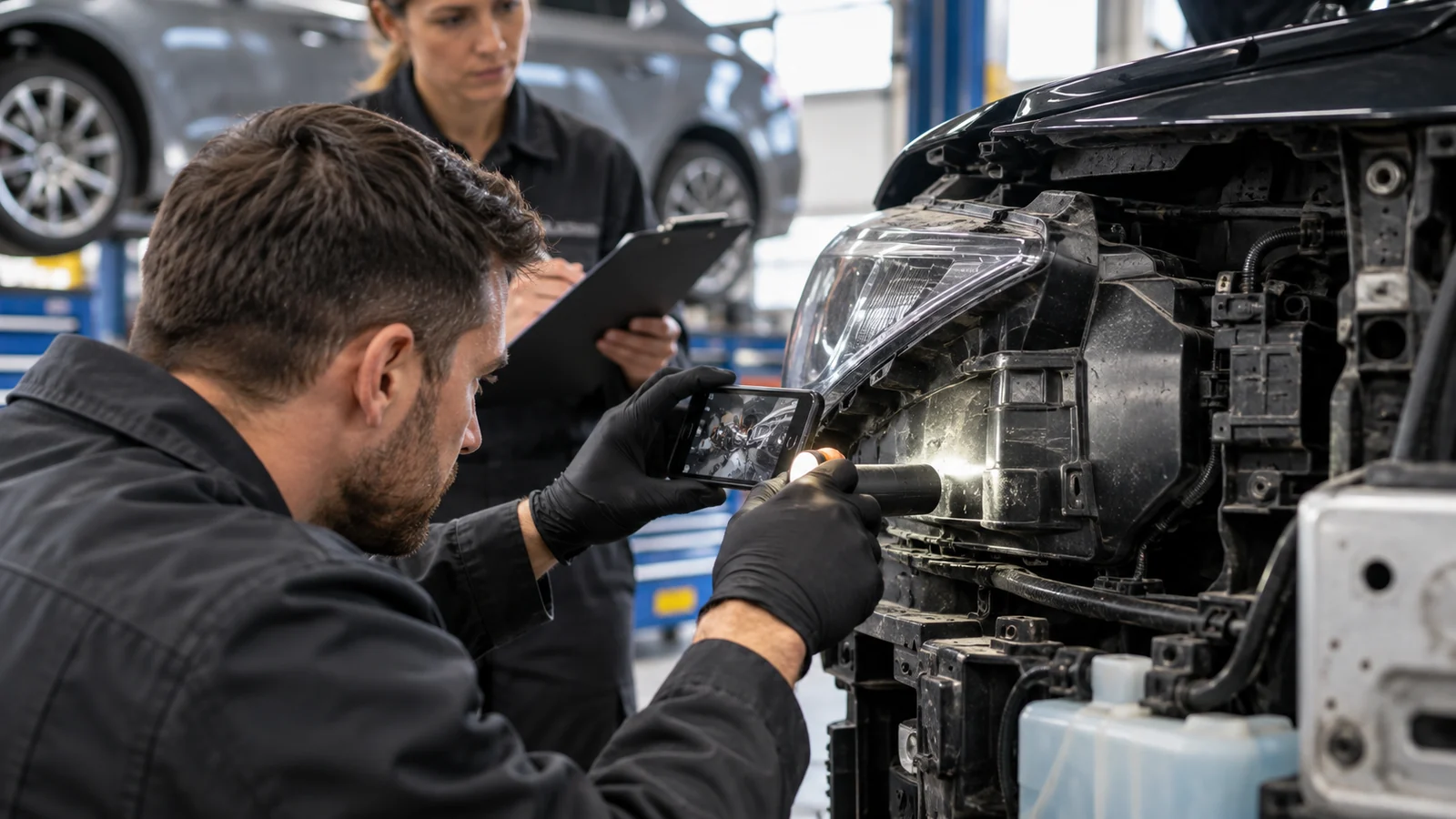Mechaniker fotografiert die Scheinwerferkennzeichnung, eine Kollegin notiert. KI-generierte Szene · redaktionell geprüft.