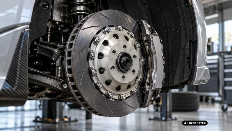 Geschlitzte Bremsscheibe mit Bremssattel an einem angehobenen Fahrzeug in der Werkstatt