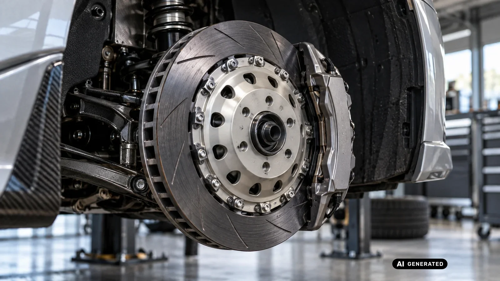 Geschlitzte Bremsscheibe mit Bremssattel an einem angehobenen Fahrzeug in der Werkstatt