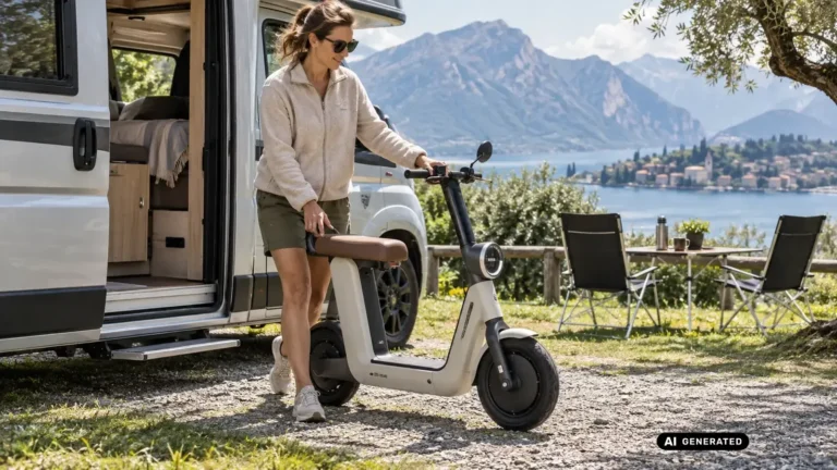 KI-generiertes Symbolbild: eine Frau schiebt einen leichten sitzenden E-Roller aus dem Wohnmobil auf einen Campingplatz.