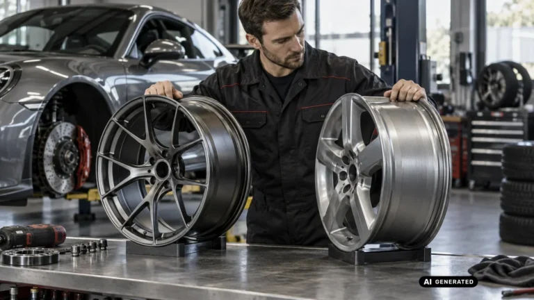 Mechaniker vergleicht eine leichte geschmiedete Felge mit einer schwereren Serienfelge in der Werkstatt. KI-generiertes Symbolbild · redaktionell geprüft.