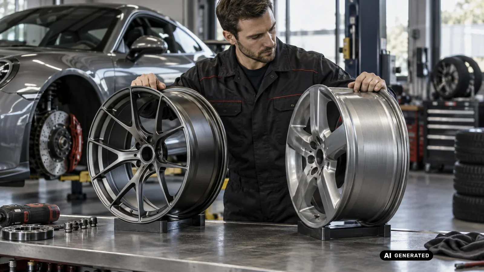 Mechaniker vergleicht eine leichte geschmiedete Felge mit einer schwereren Serienfelge in der Werkstatt. KI-generiertes Symbolbild · redaktionell geprüft.