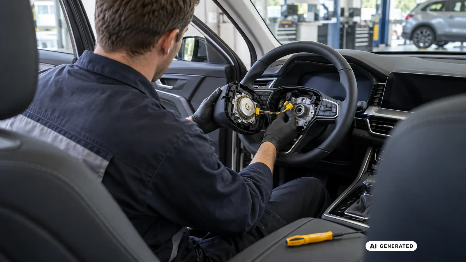 Techniker kontrolliert Lenkradmitte und Rückhaltesystem im Fahrzeuginnenraum — KI-generierte Szene, redaktionell geprüft