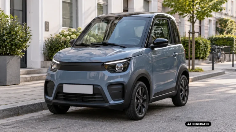 Ligier Myli Microcar auf einer ruhigen Wohnstraße. KI-generiertes Symbolbild · redaktionell geprüft.