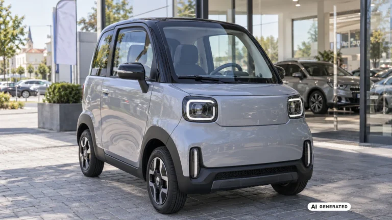 Linktour Alumi Microcar vor einem Autohaus in einer deutschen Stadt. KI-generiertes Symbolbild · redaktionell geprüft.