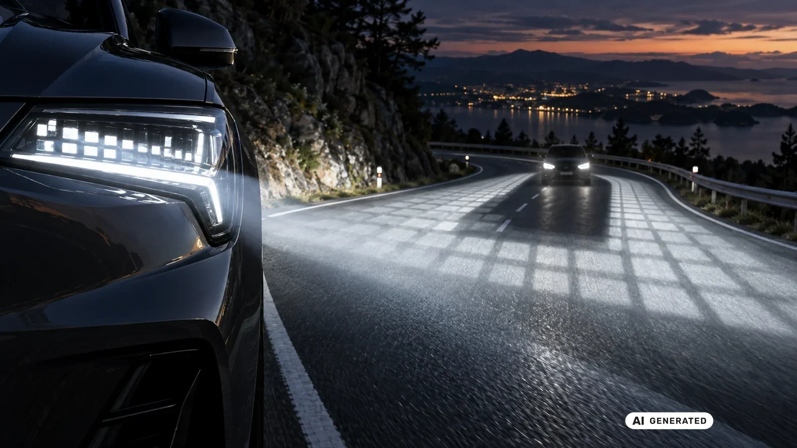 Fahrzeugscheinwerfer projiziert ein Matrix-LED-Lichtmuster auf eine nächtliche Bergstraße, ein entgegenkommendes Fahrzeug bleibt ausgeblendet. KI-generiertes Symbolbild · redaktionell geprüft.