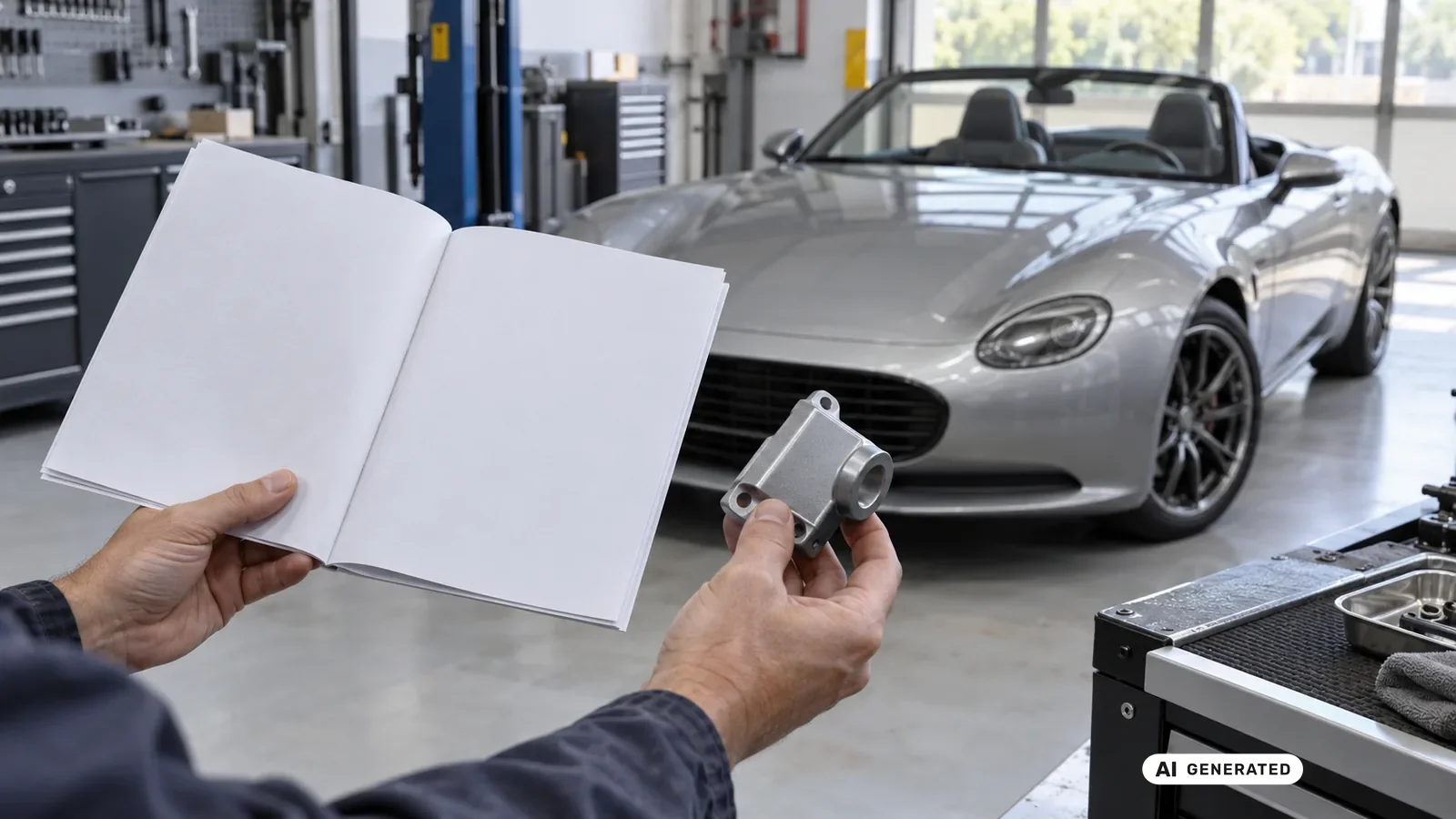 Dokumenten- und Bauteilabgleich für den Beitrag Mazda MX-5 ND; Schrift und persönliche Daten sind nicht lesbar. — KI-generierte Szene, redaktionell geprüft