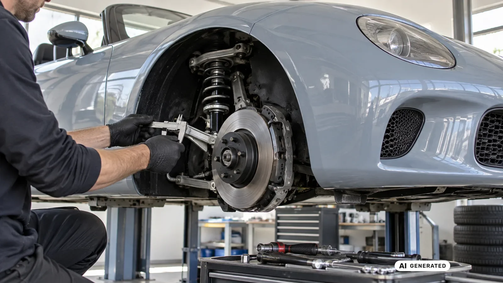 Technische Detailprüfung zum Thema Fahrwerk und Geometrie beim leichten Roadster an einer neutralen Fahrzeugdarstellung für Mazda MX-5 ND. — KI-generierte Szene, redaktionell geprüft