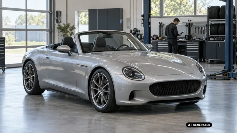 Neutral dargestellte Fahrzeugklasse zum Beitrag Mazda MX-5 ND bei einer technischen Prüfung in einer hellen Werkstatt. — KI-generiertes Symbolbild, redaktionell geprüft