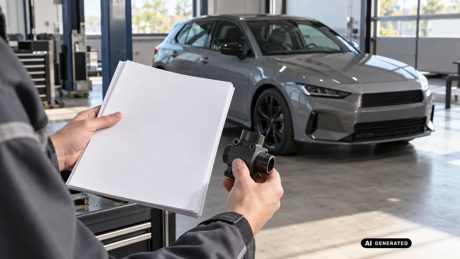 Dokumenten- und Bauteilabgleich für den Beitrag Mercedes-AMG A 45 W177; Schrift und persönliche Daten sind nicht lesbar. — KI-generierte Szene, redaktionell geprüft