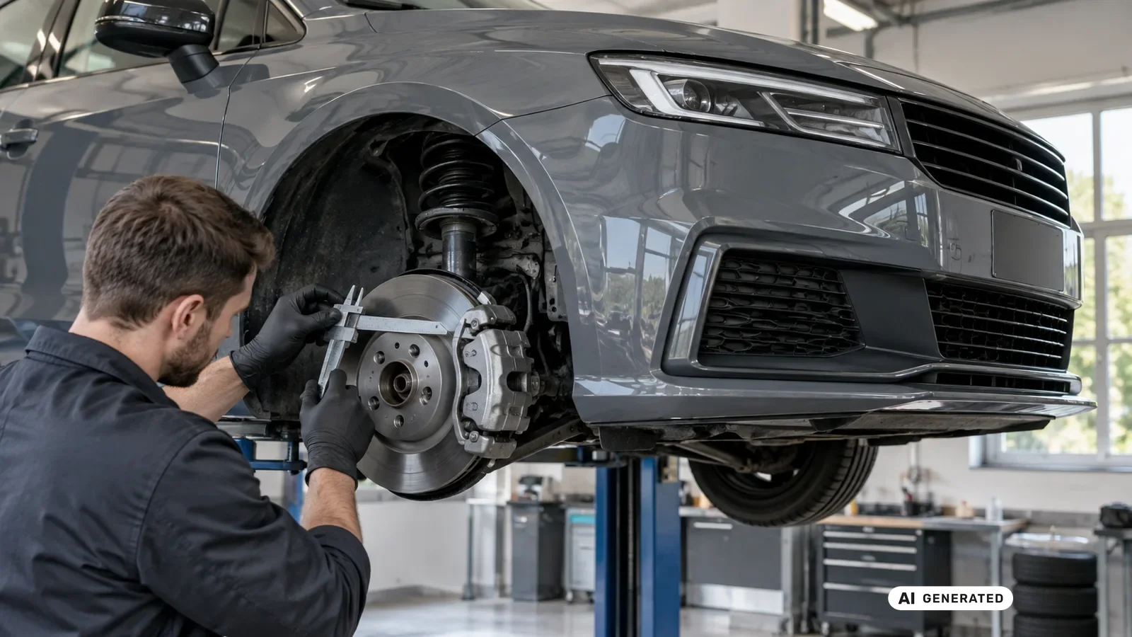 Technische Detailprüfung zum Thema Räder und Fahrwerk nach Achslast und Bremse auswählen an einer neutralen Fahrzeugdarstellung für Mercedes-AMG A 45 W177. — KI-generierte Szene, redaktionell geprüft