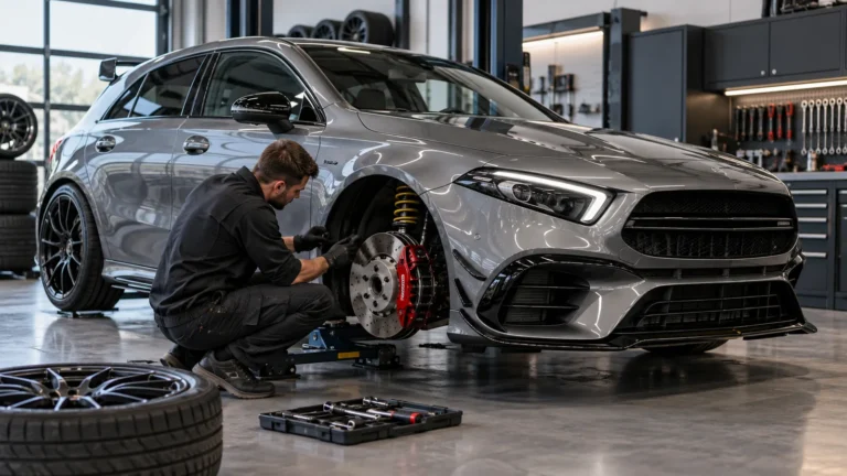 Mercedes-AMG A 45 und A 45 S W177 legal tunen: Servicetechniker prüft das Fahrzeug in der Kfz-Werkstatt. KI-generiertes Symbolbild · redaktionell geprüft.