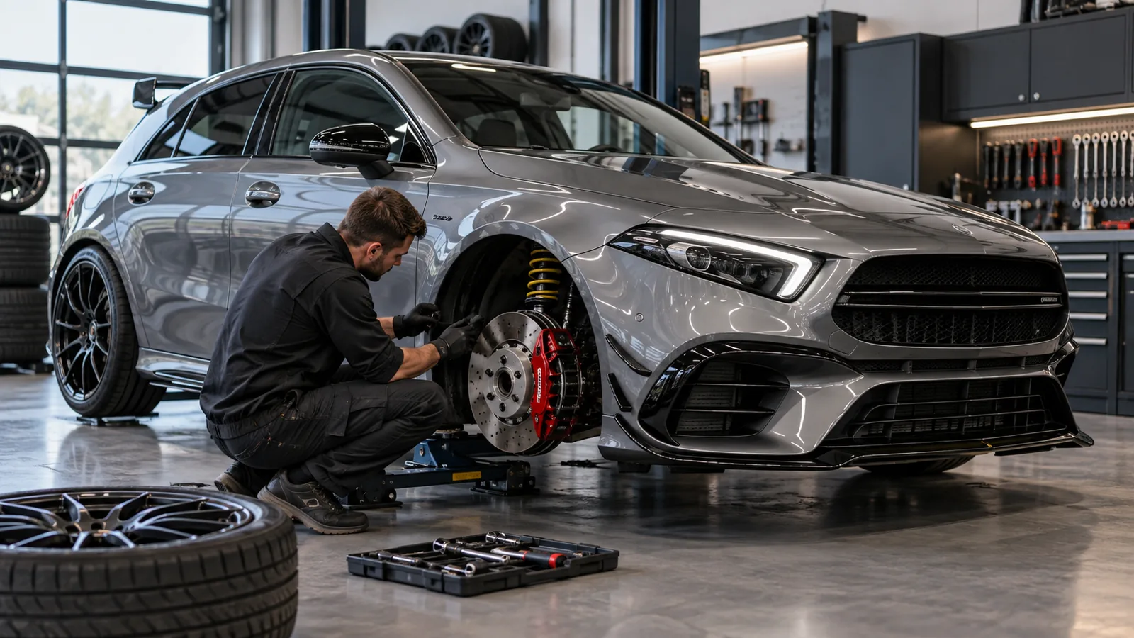 Mercedes-AMG A 45 und A 45 S W177 legal tunen: Servicetechniker prüft das Fahrzeug in der Kfz-Werkstatt. KI-generiertes Symbolbild · redaktionell geprüft.