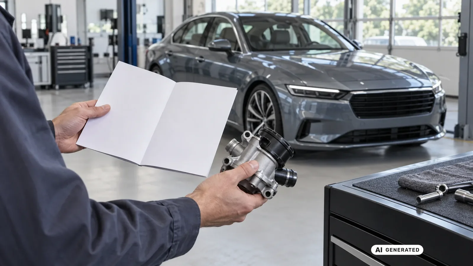 Dokumenten- und Bauteilabgleich für den Beitrag Mercedes-AMG C 63 W205; Schrift und persönliche Daten sind nicht lesbar. — KI-generierte Szene, redaktionell geprüft