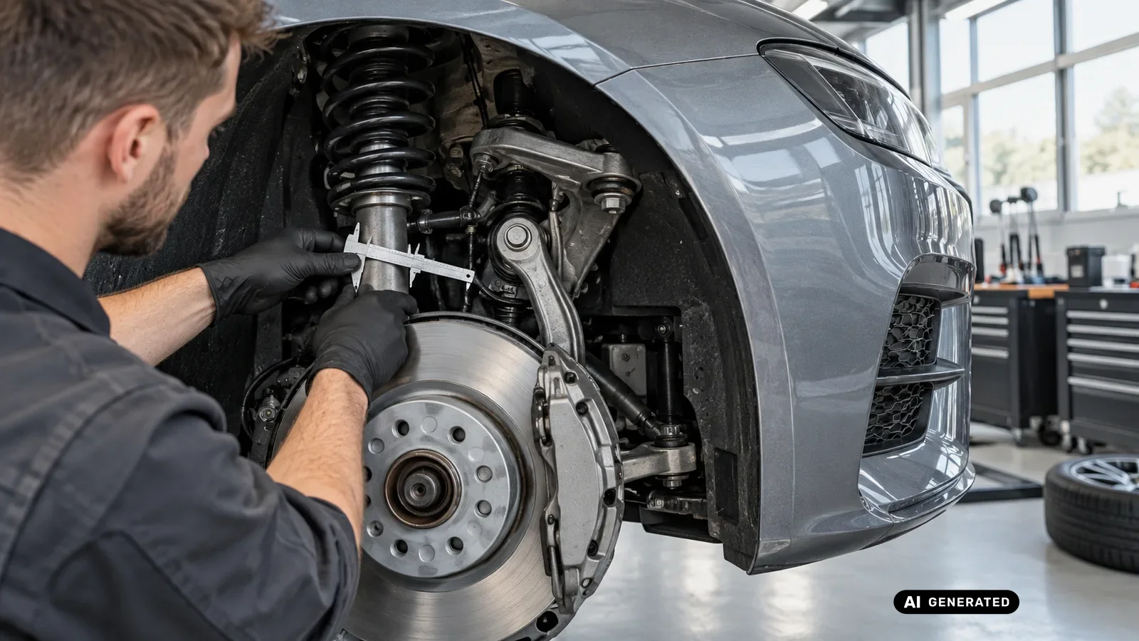 Technische Detailprüfung zum Thema Fahrwerk, Räder und adaptive Systeme an einer neutralen Fahrzeugdarstellung für Mercedes-AMG C 63 W205. — KI-generierte Szene, redaktionell geprüft