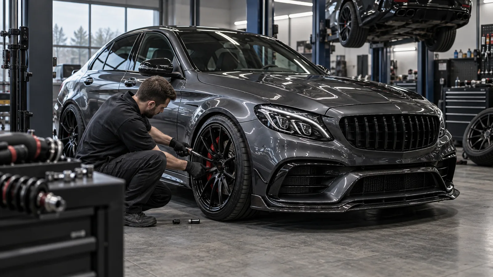 Mercedes-AMG C 63 und C 63 S W205 legal tunen: Servicetechniker prüft das Fahrzeug in der Kfz-Werkstatt. KI-generiertes Symbolbild · redaktionell geprüft.