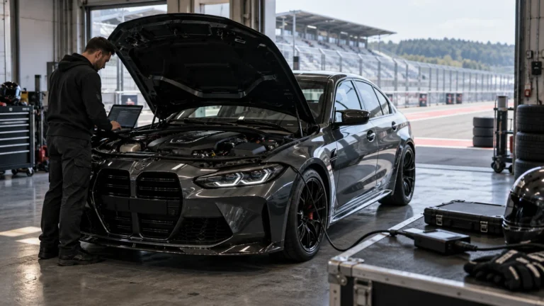 Techniker am Laptop über dem offenen Motorraum einer dunklen Sportlimousine in der Box einer Rennstrecke. KI-generiertes Symbolbild · redaktionell geprüft.