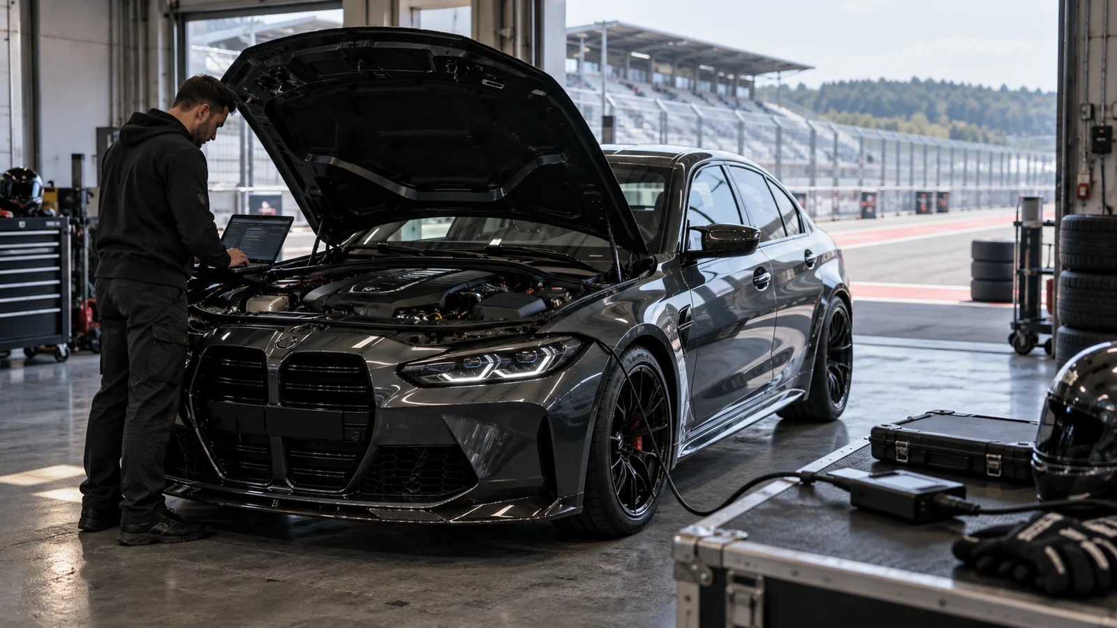 Techniker am Laptop über dem offenen Motorraum einer dunklen Sportlimousine in der Box einer Rennstrecke. KI-generiertes Symbolbild · redaktionell geprüft.
