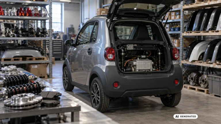 Microcar in einem Ersatzteillager mit sichtbarem Antrieb. KI-generiertes Symbolbild · redaktionell geprüft.