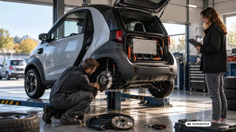 Mechaniker prüft den Antrieb eines gebrauchten Microcars in der Werkstatt. KI-generiertes Symbolbild · redaktionell geprüft.