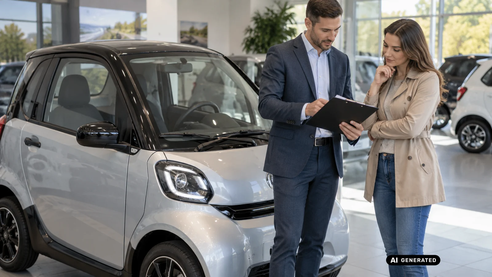 Autoverkäufer bespricht eine Checkliste mit einer Kundin vor einem Microcar. KI-generiertes Symbolbild · redaktionell geprüft.
