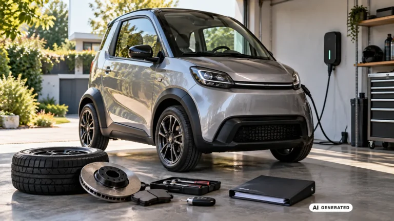 Microcar in der heimischen Garage mit Ersatzteilen und Wallbox. KI-generiertes Symbolbild · redaktionell geprüft.