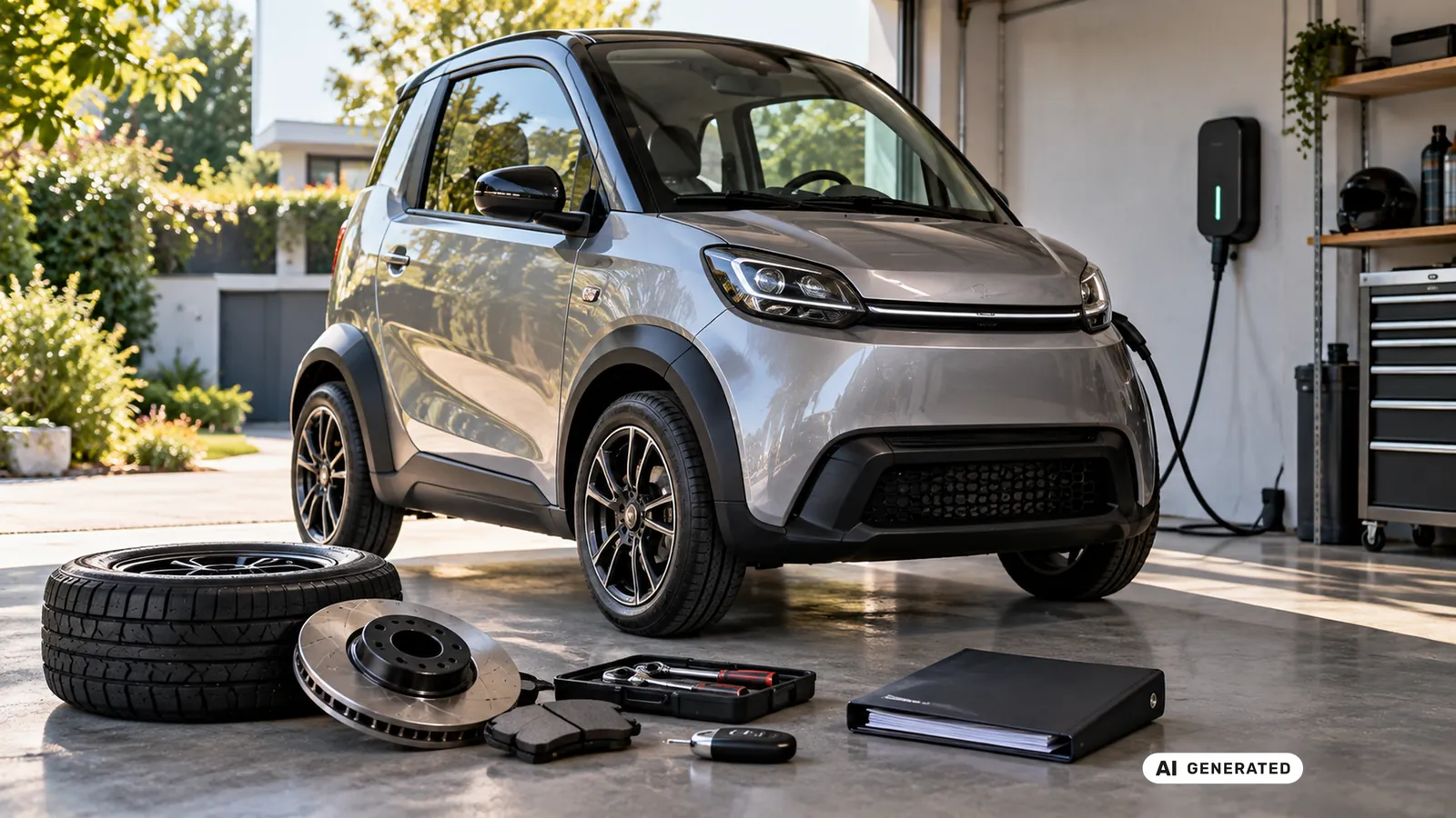 Microcar in der heimischen Garage mit Ersatzteilen und Wallbox. KI-generiertes Symbolbild · redaktionell geprüft.