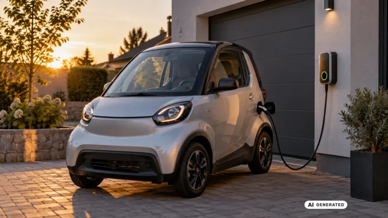 Microcar lädt an einer privaten Wallbox in der Abenddämmerung. KI-generiertes Symbolbild · redaktionell geprüft.
