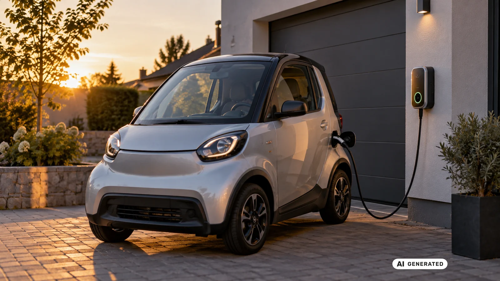 Microcar lädt an einer privaten Wallbox in der Abenddämmerung. KI-generiertes Symbolbild · redaktionell geprüft.