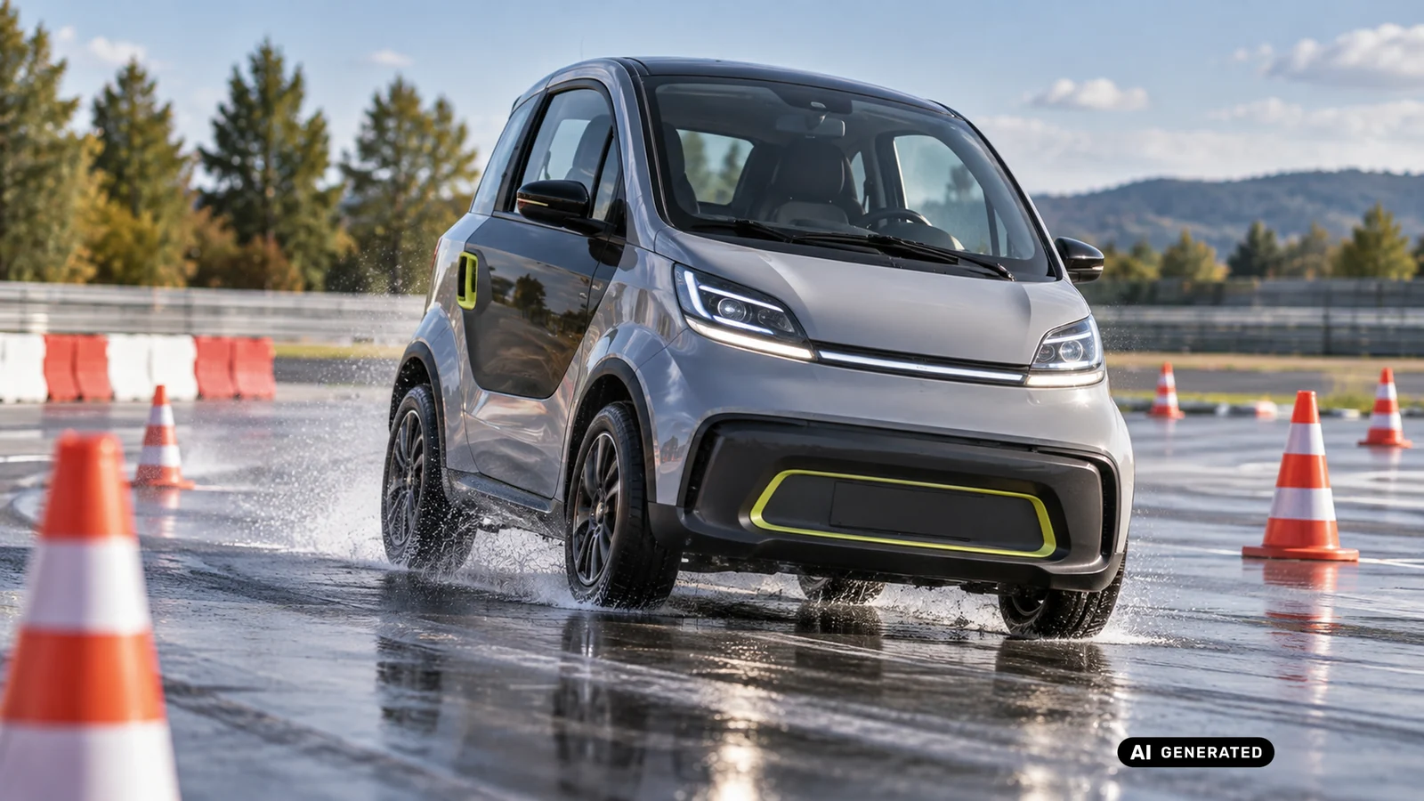 Microcar im Fahrsicherheitstest mit Pylonen auf nasser Fahrbahn. KI-generiertes Symbolbild · redaktionell geprüft.