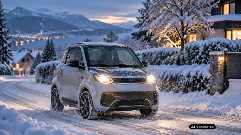 Microcar fährt durch eine verschneite Winterlandschaft bei Dämmerung. KI-generiertes Symbolbild · redaktionell geprüft.