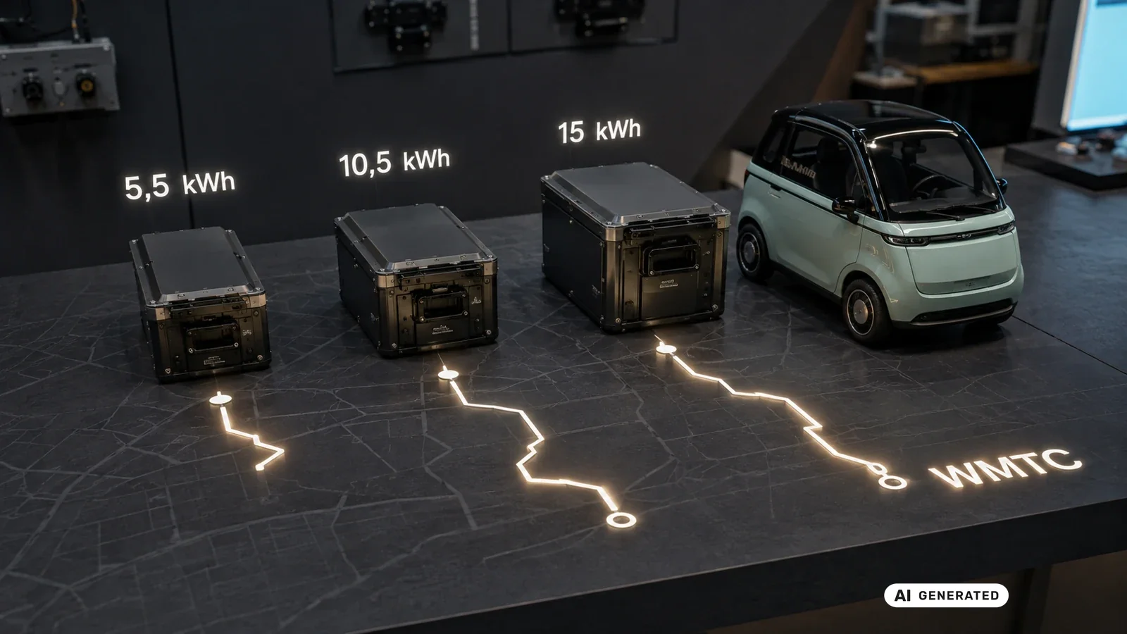 Microlino Akkustufen 5,5, 10,5 und 15 kWh mit WMTC-Reichweite in Kilometern. KI-generiertes Symbolbild · redaktionell geprüft.