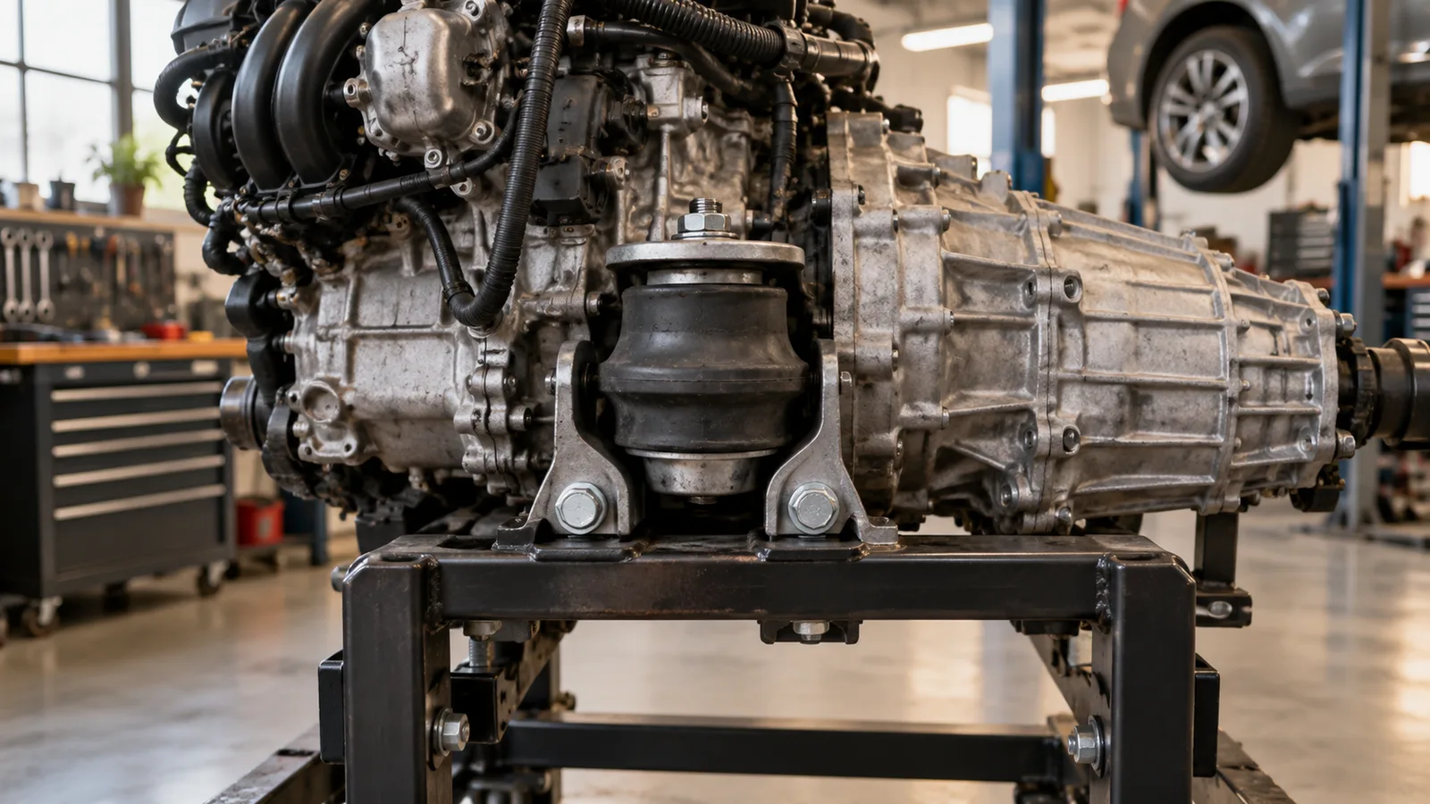 Motor auf Werkstattstütze, Motorlager im Fokus. KI-generiertes Symbolbild · redaktionell geprüft.