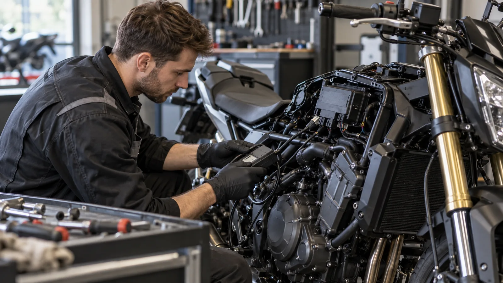 Motorrad auf 35 kW drosseln und entdrosseln: Mechaniker prüft ein Motorrad und zugehörige Anbauteile in der Werkstatt. KI-generiertes Symbolbild · redaktionell geprüft.