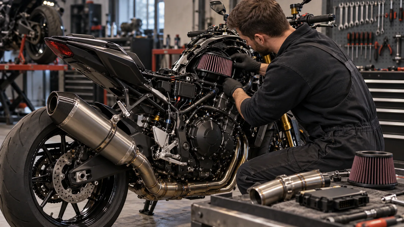 Auspuff, Luftfilter und Mapping am Motorrad: Mechaniker prüft ein Motorrad und zugehörige Anbauteile in der Werkstatt. KI-generiertes Symbolbild · redaktionell geprüft.