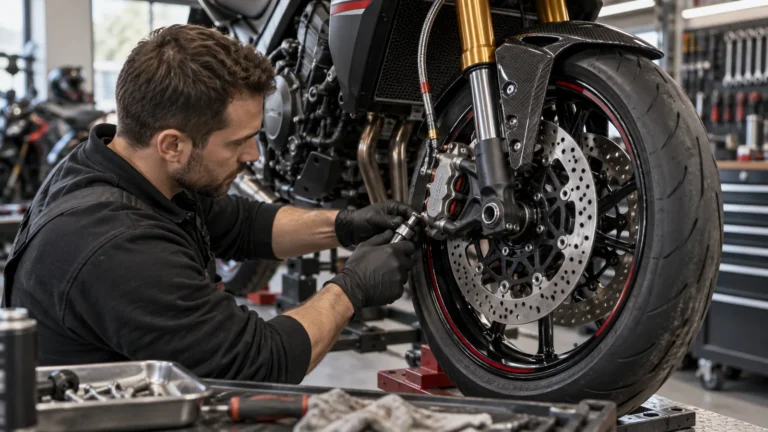 Bremsanlage am Motorrad: Mechaniker prüft ein Motorrad und zugehörige Anbauteile in der Werkstatt. KI-generiertes Symbolbild · redaktionell geprüft.