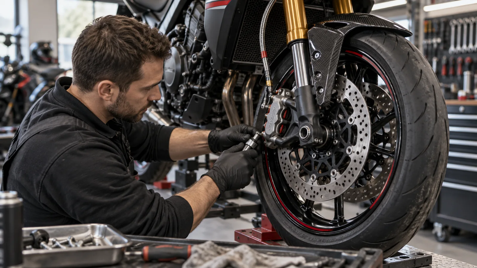 Bremsanlage am Motorrad: Mechaniker prüft ein Motorrad und zugehörige Anbauteile in der Werkstatt. KI-generiertes Symbolbild · redaktionell geprüft.