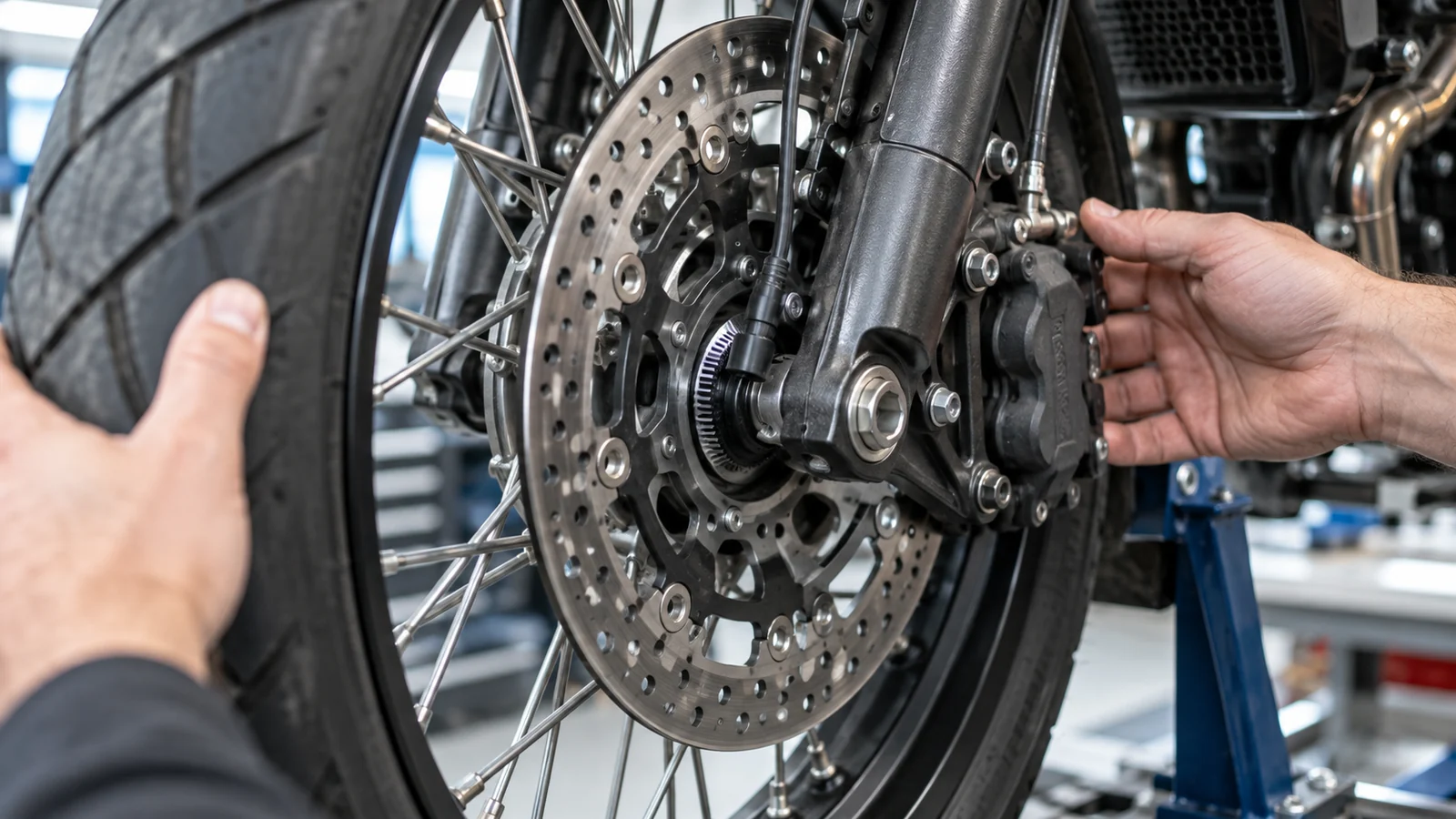 Hände prüfen Bremsscheibe, Bremssattel und ABS-Sensorring am Vorderrad. KI-generierte Szene · redaktionell geprüft.