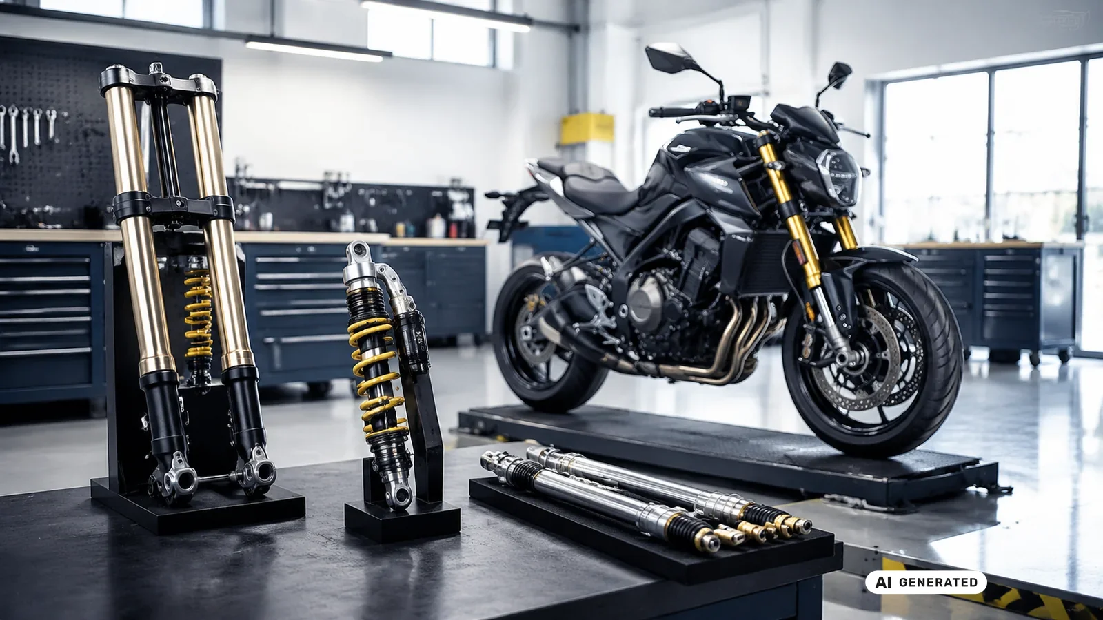 KI-generiertes Symbolbild, redaktionell geprüft: Zwei Gabelholme stehen aufrecht neben einem Federbein auf dem Tisch, dahinter wartet ein Motorrad