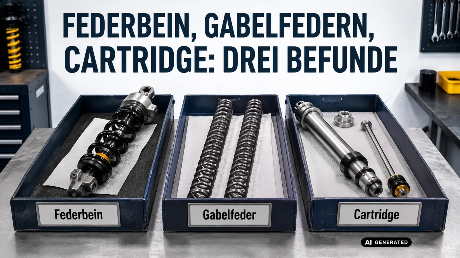 Drei Fahrwerkskomponenten nebeneinander: Federbein, Gabelfeder und Cartridge für die Telegabel. — KI-generierte Szene, redaktionell geprüft