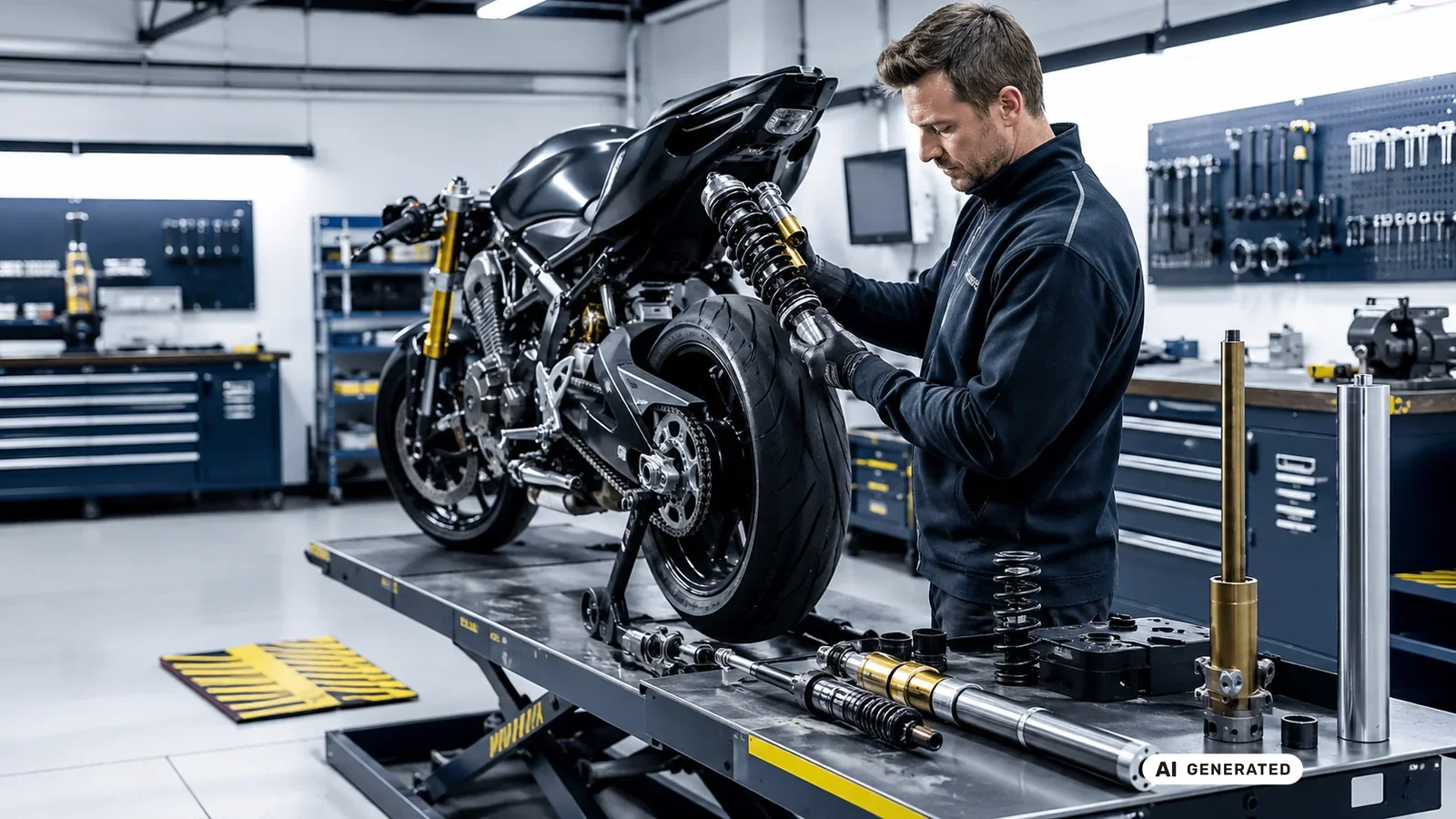 KI-generiertes Symbolbild, redaktionell geprüft: Ein Mechaniker arbeitet am Heck eines aufgebockten Motorrads, davor liegen Federbein und Werkzeug bereit — KI-generierte Szene, redaktionell geprüft