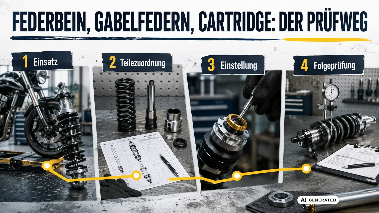 Vier Schritte an Federbein und Gabel: Einsatz, Teilezuordnung, Einstellung und abschließende Folgeprüfung. — KI-generierte Szene, redaktionell geprüft